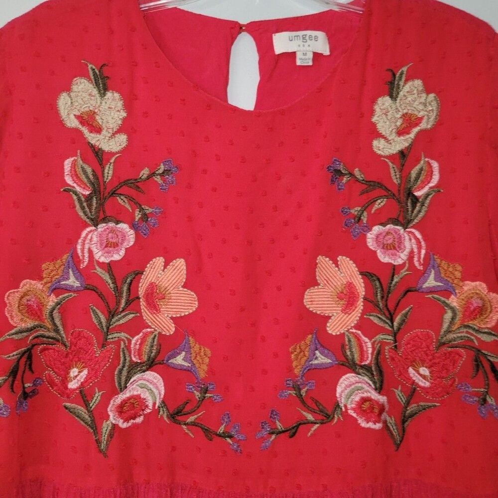 Umgee Embroidered Floral Bell Sleeve Babydoll Dress Red Size Medium Lightweight - Picture 4 of 8